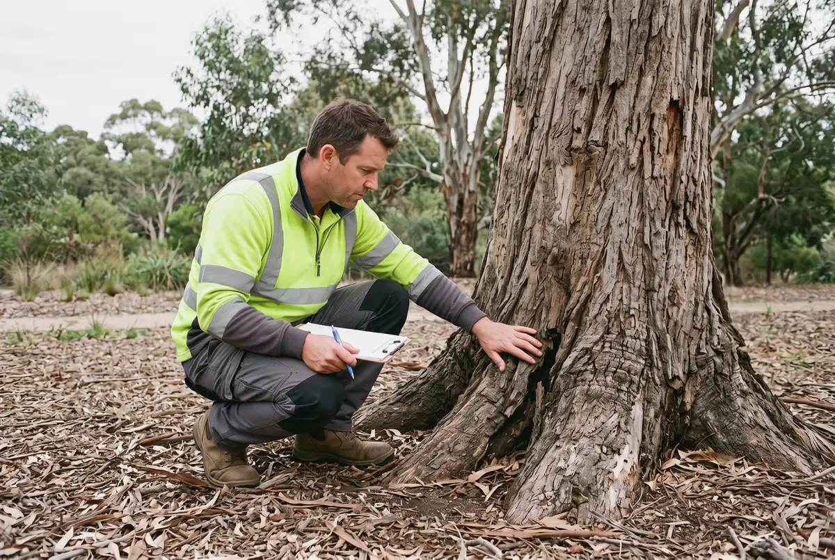 Consulting arborist preparing a tree report on site