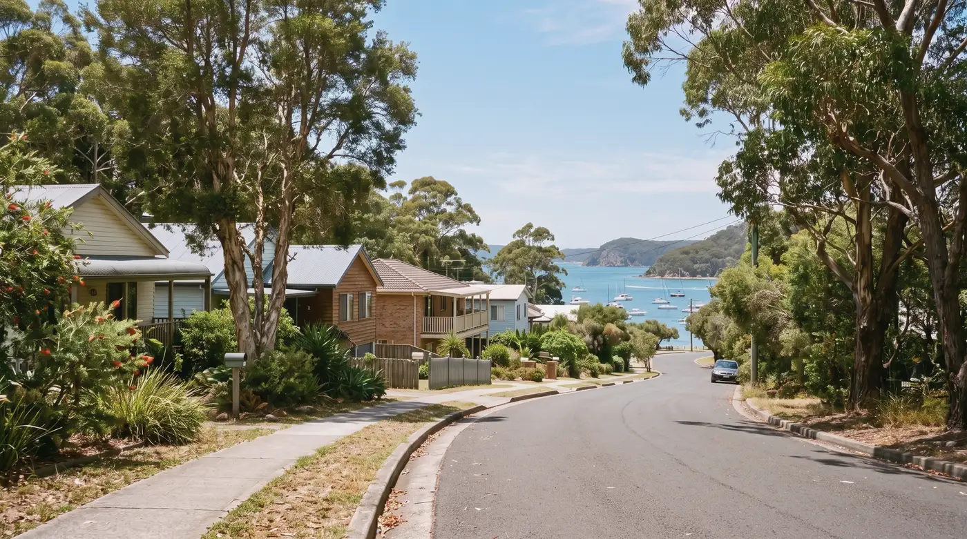 A leafy residential street in Nelson Bay, Port Stephens