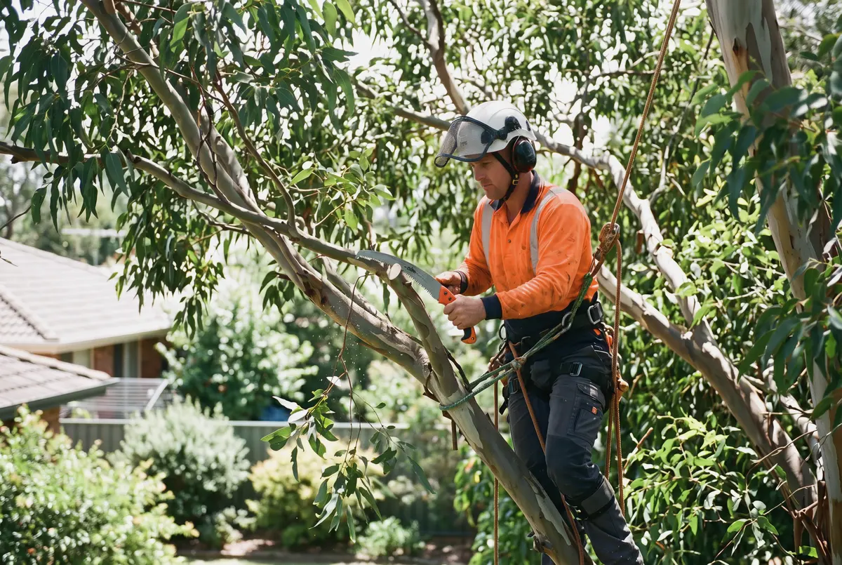 Qualified arborist pruning a tree in Newcastle