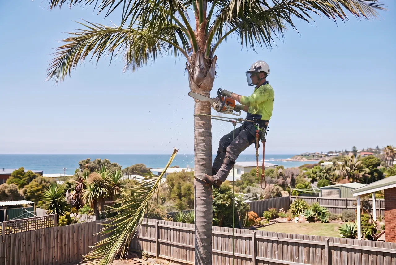 Arborist removing a palm tree on the Newcastle coast