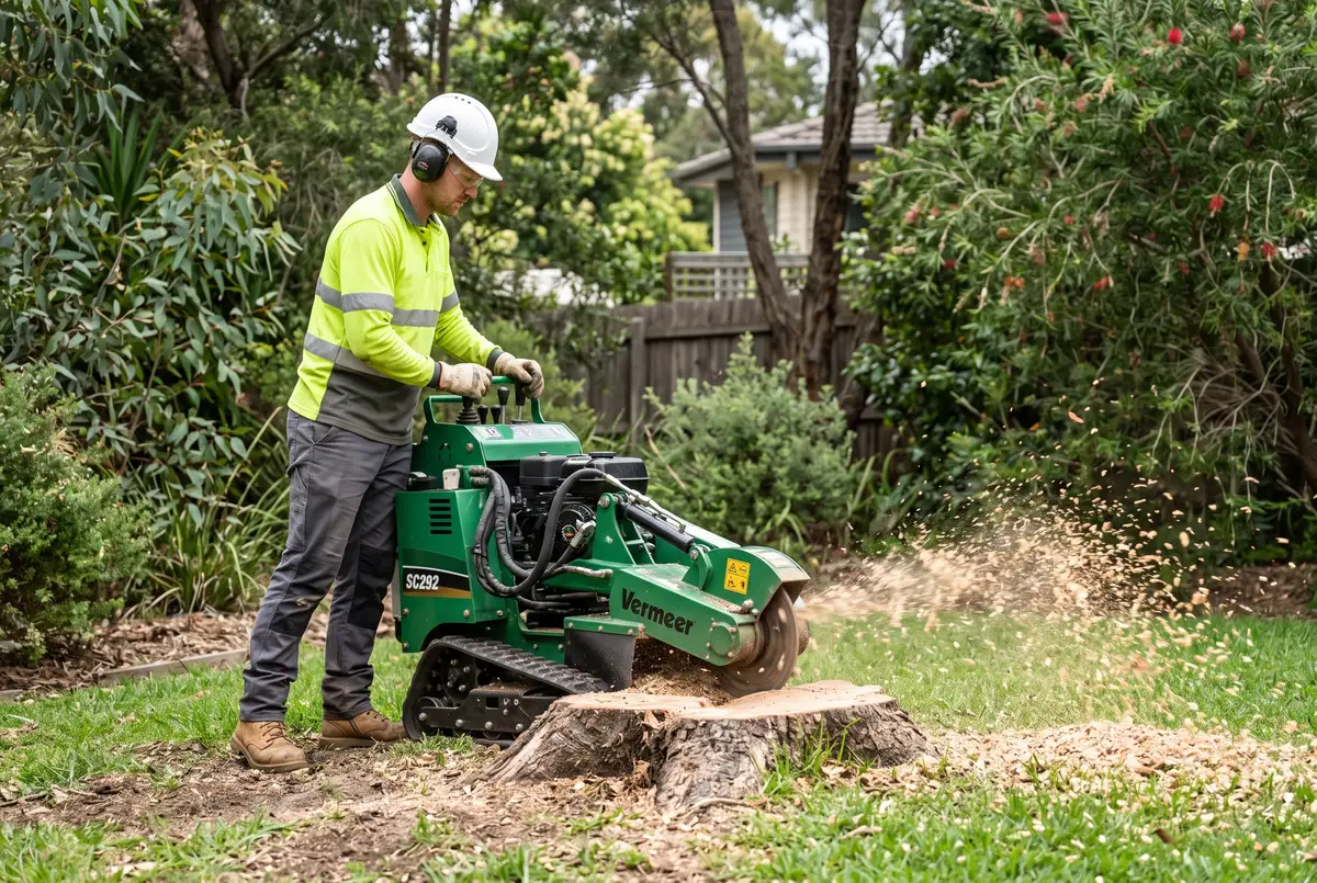 Arborist grinding a tree stump in Newcastle