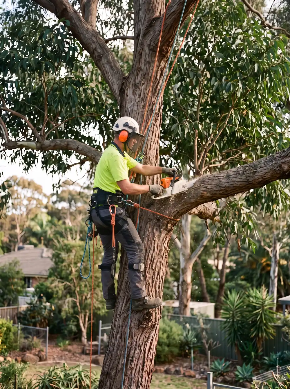 Qualified arborists working on a large tree in Newcastle